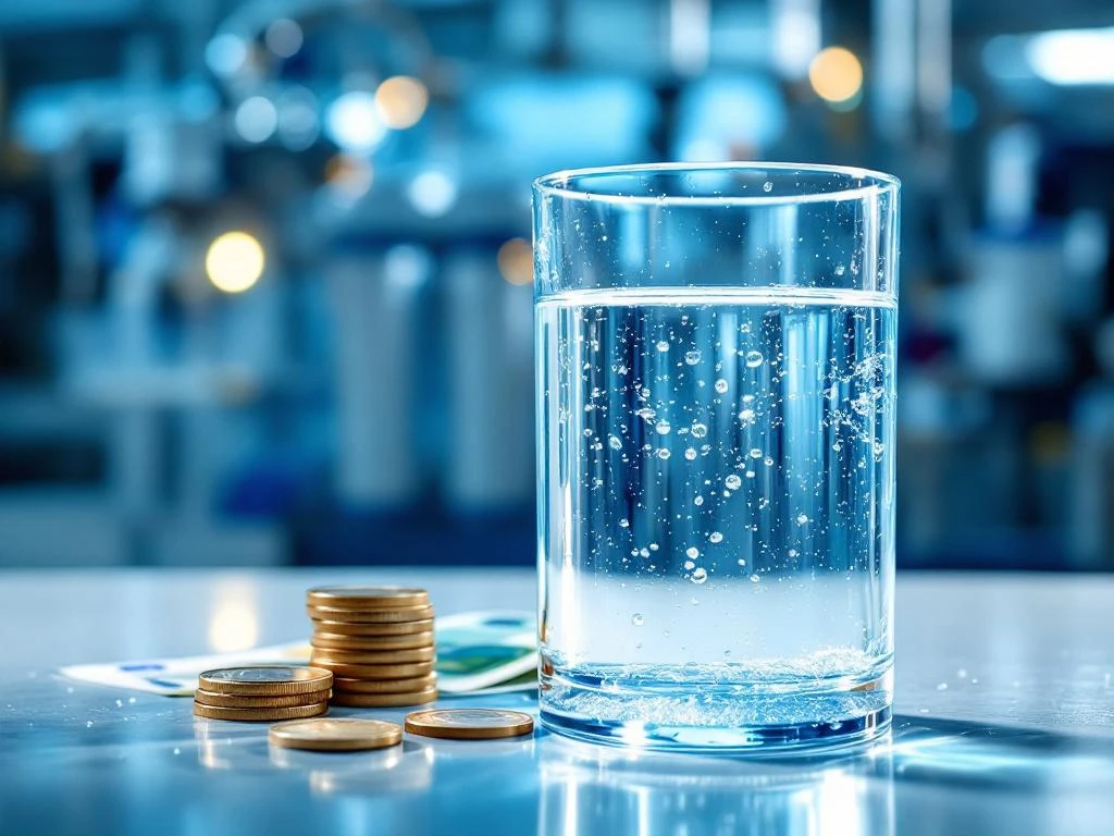 osmose-water-reverse-osmosis-filter-kosten.jpg Glazen container met osmosewater naast reverse osmosis filtersysteem met euro munten en bankbiljetten op moderne ondergrond