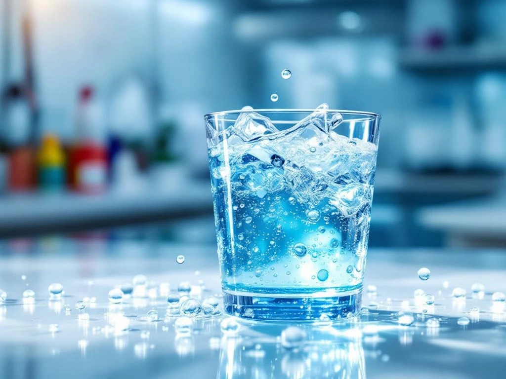 Glazen container met osmosewater op witte ondergrond met waterdruppels en schoonmaakapparatuur op achtergrond