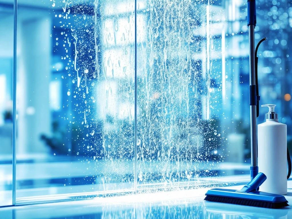 pure-water-window-cleaning-osmosis-results.jpg Kristalhelder glazen raam wordt gereinigd met puur water, professionele apparatuur zichtbaar, geen strepen of vlekken
