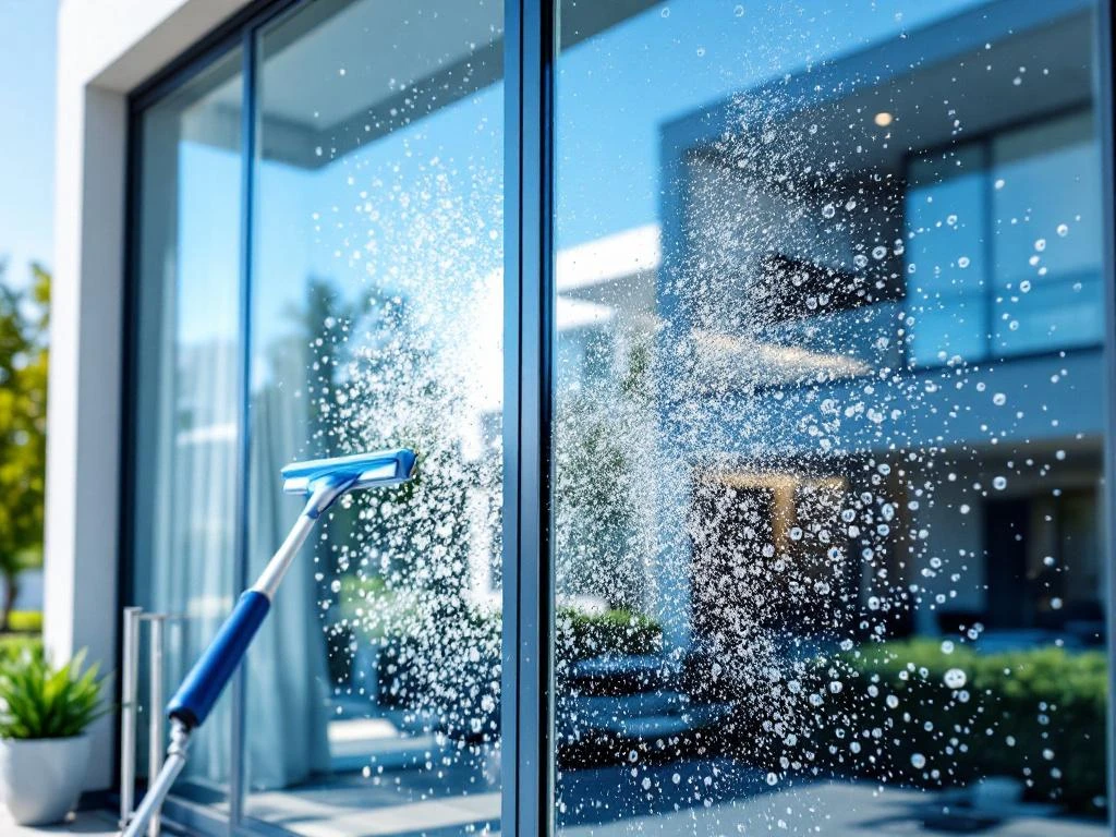 osmose-water-ramen-reinigen-voor-na-resultaat.jpg Professionele raamreiniging met osmosewater toont dramatisch voor-en-na effect op kristalhelder glas van modern gebouw