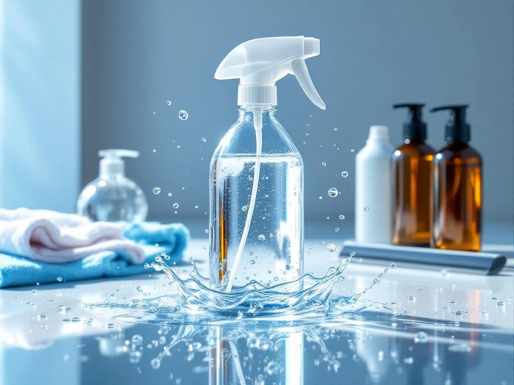 Glazen spuitfles met osmosewater op wit oppervlak, omringd door professionele schoonmaakbenodigdheden en waterdruppels
