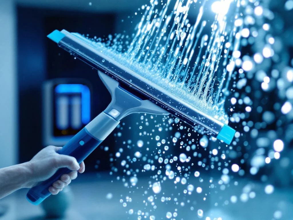 professionele-ramenreiniging-osmosewater-systeem.jpg Professionele raamreiniging met squeegee op kristalhelder glas, waterdruppels en osmosefiltersysteem op achtergrond