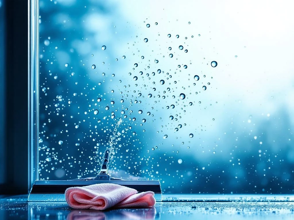 professionele-ramen-wassen-streepvrij-resultaat.jpg Streepvrij schoongemaakt glasoppervlak met kristalheldere waterdruppels en professionele schoonmaakapparatuur