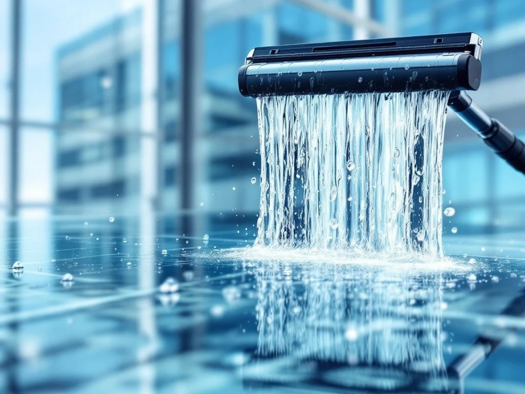 Glazenwasser reinigt raam met omgekeerde osmose filtersysteem, moderne kantoorgebouw op achtergrond