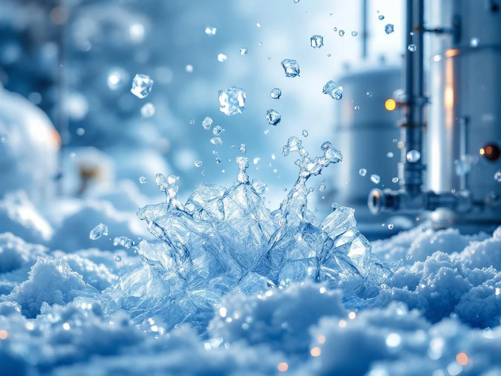 Kristalheldere waterdruppels bevriezen in de lucht met ijskristallen, professionele reinigingsapparatuur op achtergrond