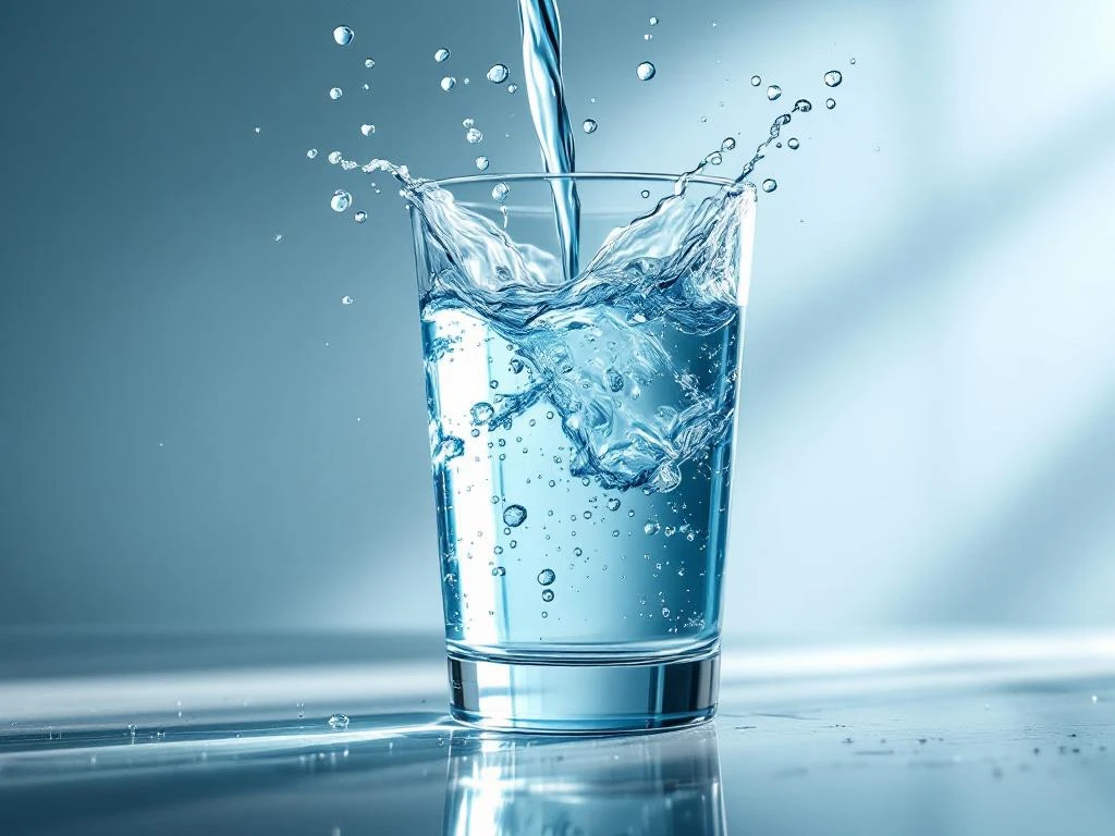 professionele-reiniging-kristalhelder-water-glas.jpg Kristalhelder glas water wordt ingeschonken met druppels in de lucht tegen witte achtergrond, professionele verlichting