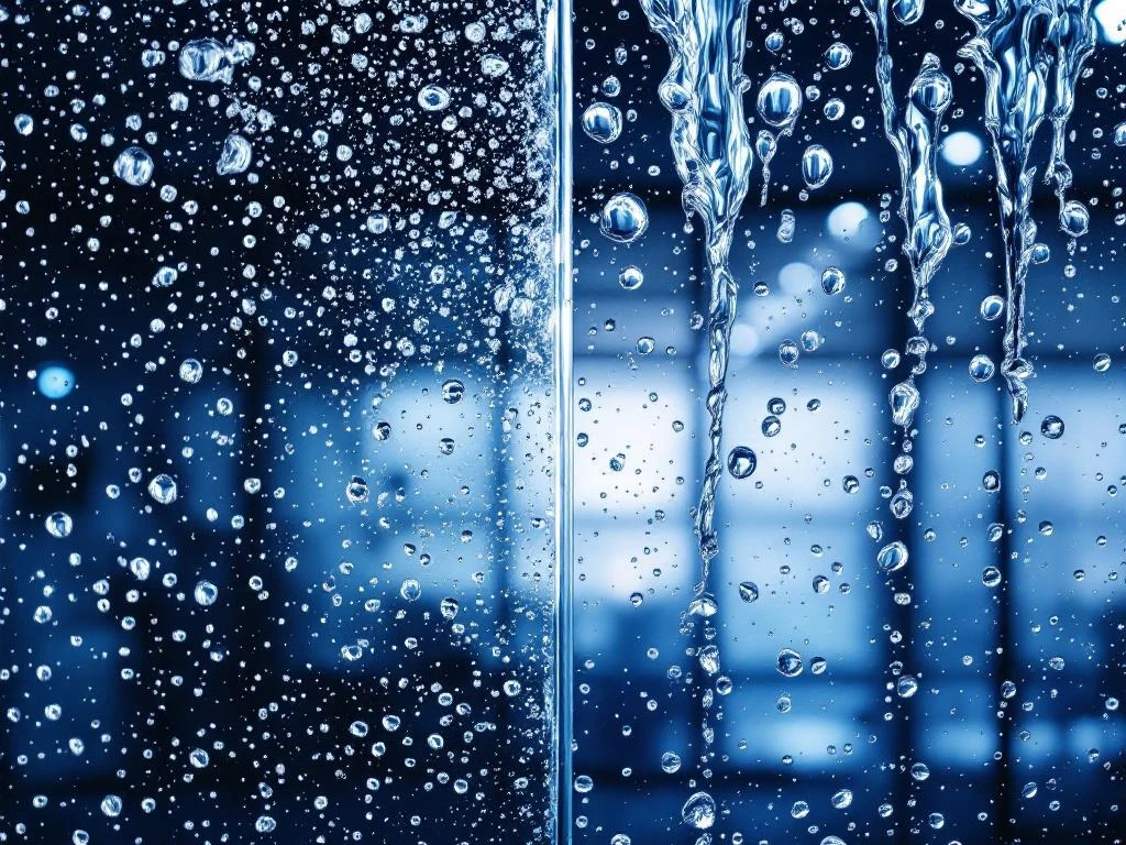 pure-water-glass-cleaning-before-after-comparison.jpg Glazen oppervlak met voor-en-na vergelijking: half met witte kalkaanslag, half schoon met waterdruppels na reiniging