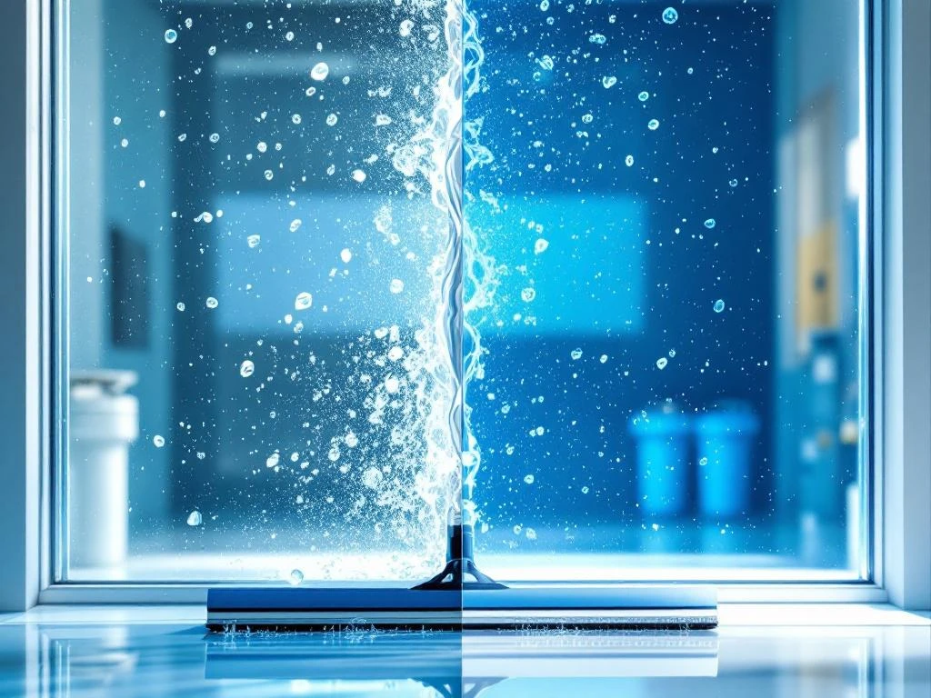 pure-water-window-cleaning-before-after-results.jpg Glasraam wordt gereinigd met puur water, toont voor-en-na resultaat: links vlekken, rechts streepvrij schoon glas