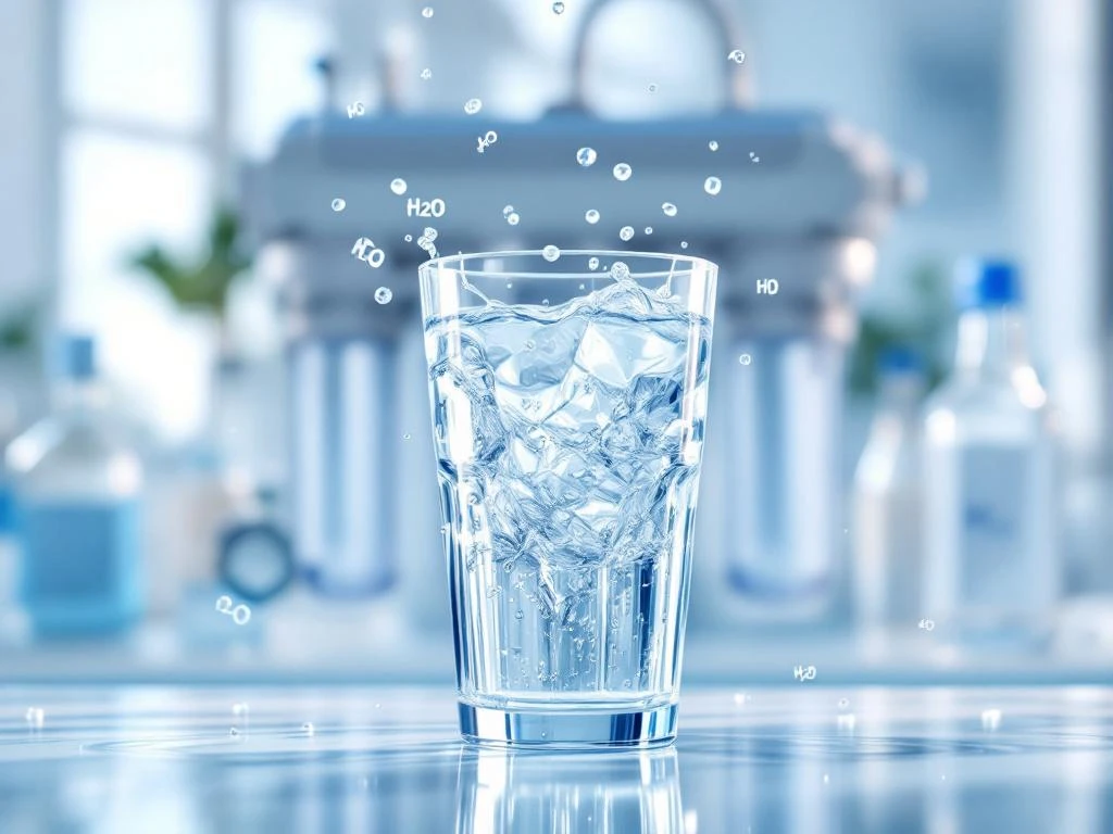 Helder glas water met druppels in beweging naast zichtbaar omgekeerde osmose filtersysteem in laboratoriumomgeving