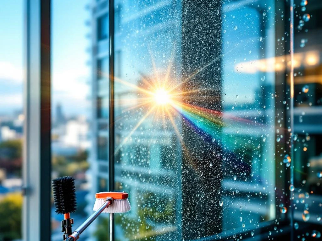 professionele-ramenreiniging-kristalhelder-glas.jpg Schoon glazen raam met waterdruppels die regenboogprisma's creรซren, professionele schoonmaakapparatuur zichtbaar