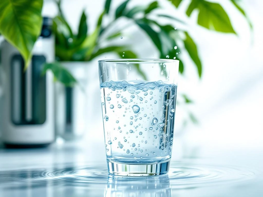 water-filter-glas-plant-duurzaamheid-zuiver.jpg Kristalhelder glas water met druppels, groene plant en waterfiltersysteem op witte achtergrond