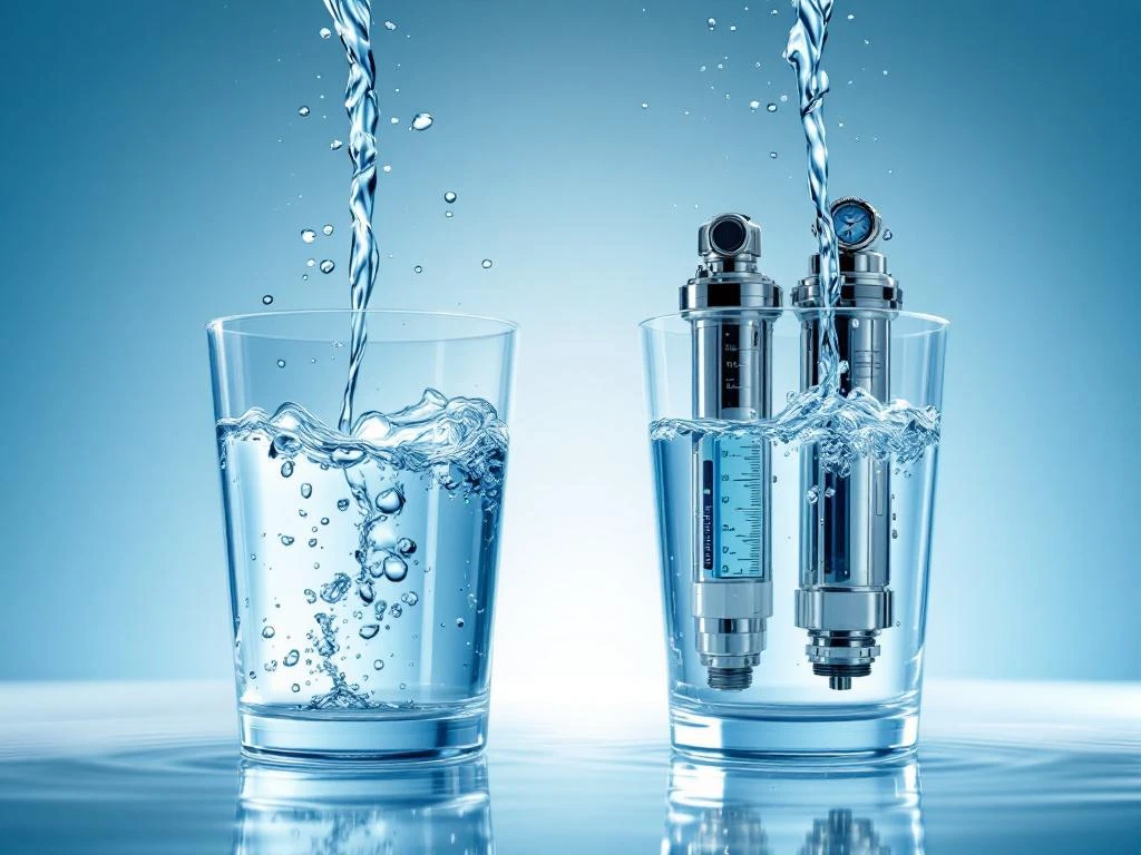 Twee glazen containers met gefilterd water: natuurlijke osmose links, high-tech omgekeerde osmose rechts met waterstromen