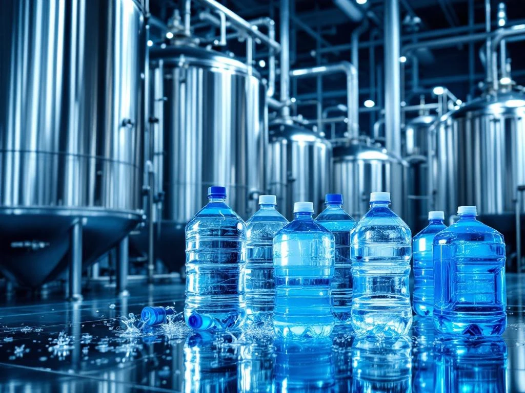 industriele-waterfiltratie-faciliteit-omgekeerde-osmose.jpg Industriรซle waterzuiveringsfaciliteit met roestvrijstalen tanks en transparante containers gevuld met gezuiverd water