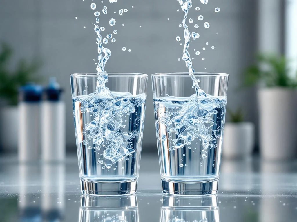 water-filtratie-voor-na-vergelijking-laboratorium.jpg Twee glazen containers met troebel en helder water naast elkaar in laboratorium, waterdruppels tussen beide bekers