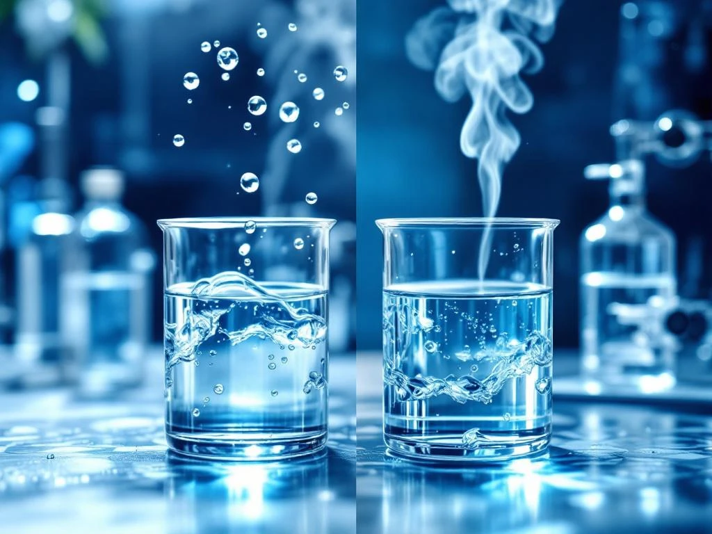 Twee glazen bekers met helder water in laboratorium met omgekeerde osmose en distillatie-apparatuur voor waterzuivering
