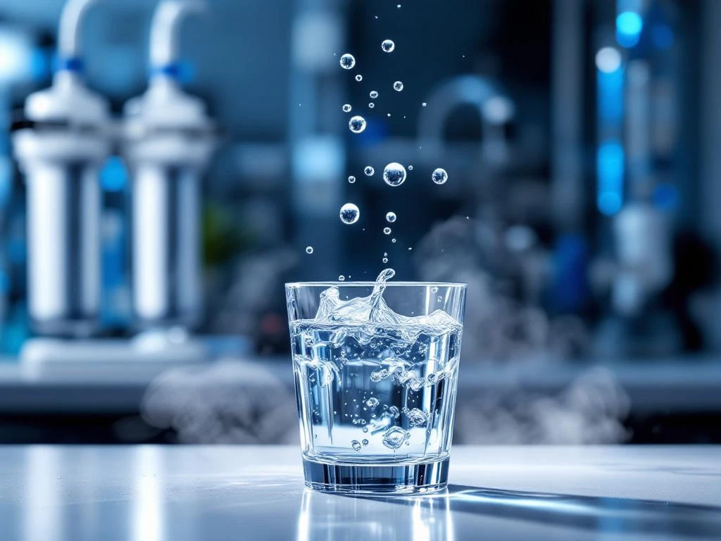 reverse-osmosis-water-filter-system-laboratory.jpg Helder glas water op laboratoriumtafel met omgekeerde osmose filtersysteem en zwevende waterdruppels in dramatische verlichting