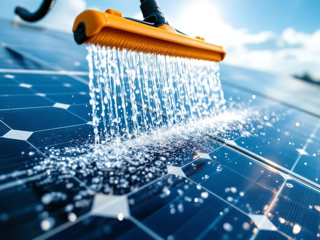 Zonnepanelen op dak worden gereinigd met osmosewater, waterdruppels stromen over blauwe fotovoltaïsche oppervlak