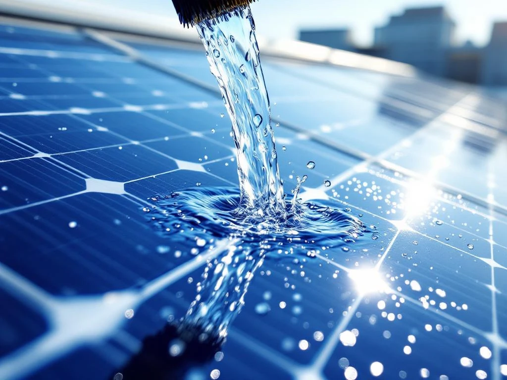 Professionele reiniging van zonnepanelen met helder water en borstel op modern dak bij daglicht