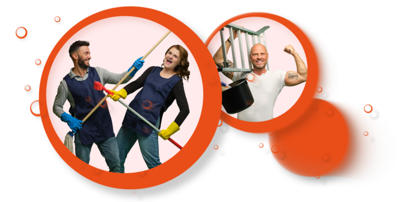Lachende schoonmakers en glazenwasser in Hijman-stijl bubbels, symbool voor professioneel schoonmaken.