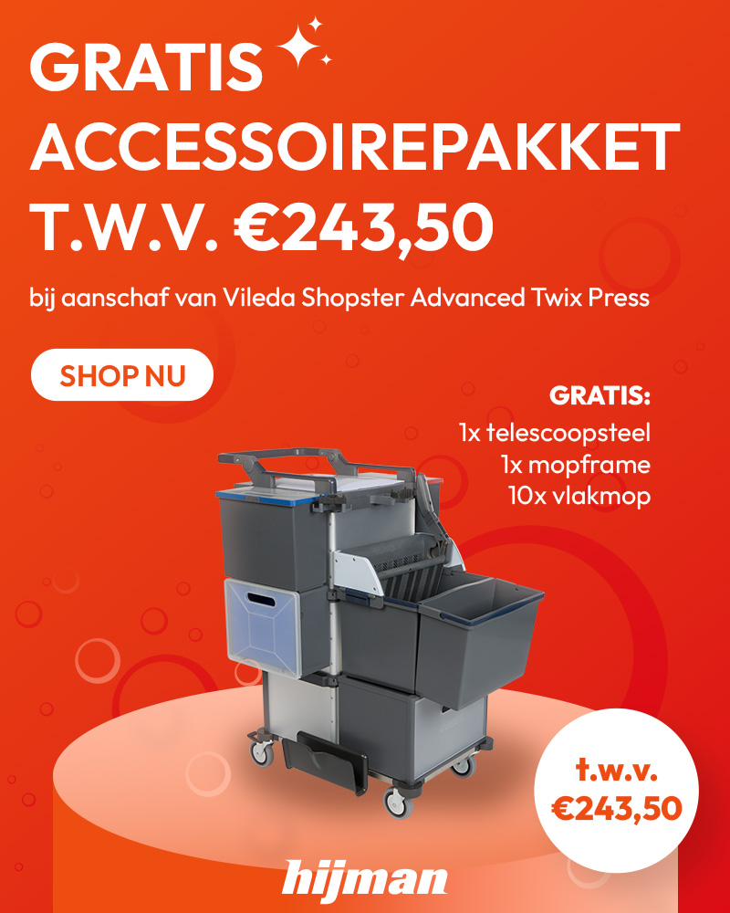 Vileda Shopster Advanced Twix Press schoonmaakkar met gratis accessoires ter waarde van €243,50: 10 vlakmoppen, mopframe en telescoopsteel