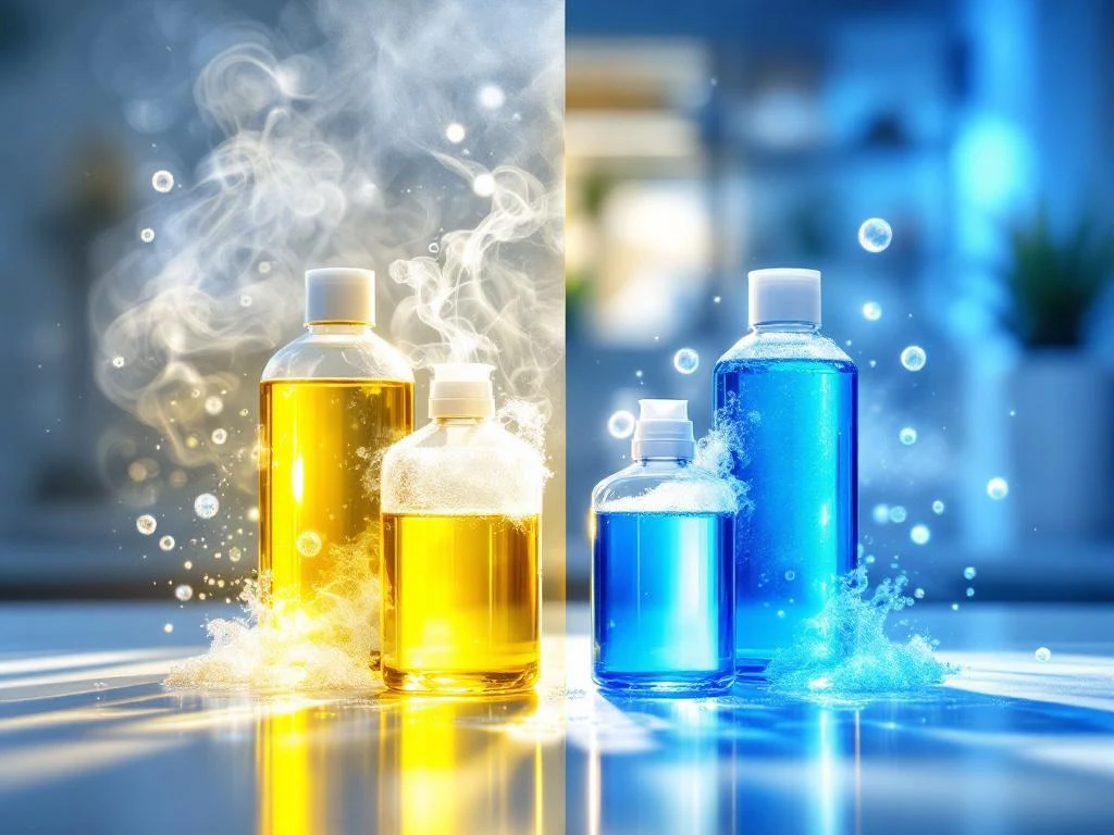 Alkalische en zure schoonmaakmiddelen in split-screen: blauwe flessen links, gele oplossingen rechts op wit oppervlak