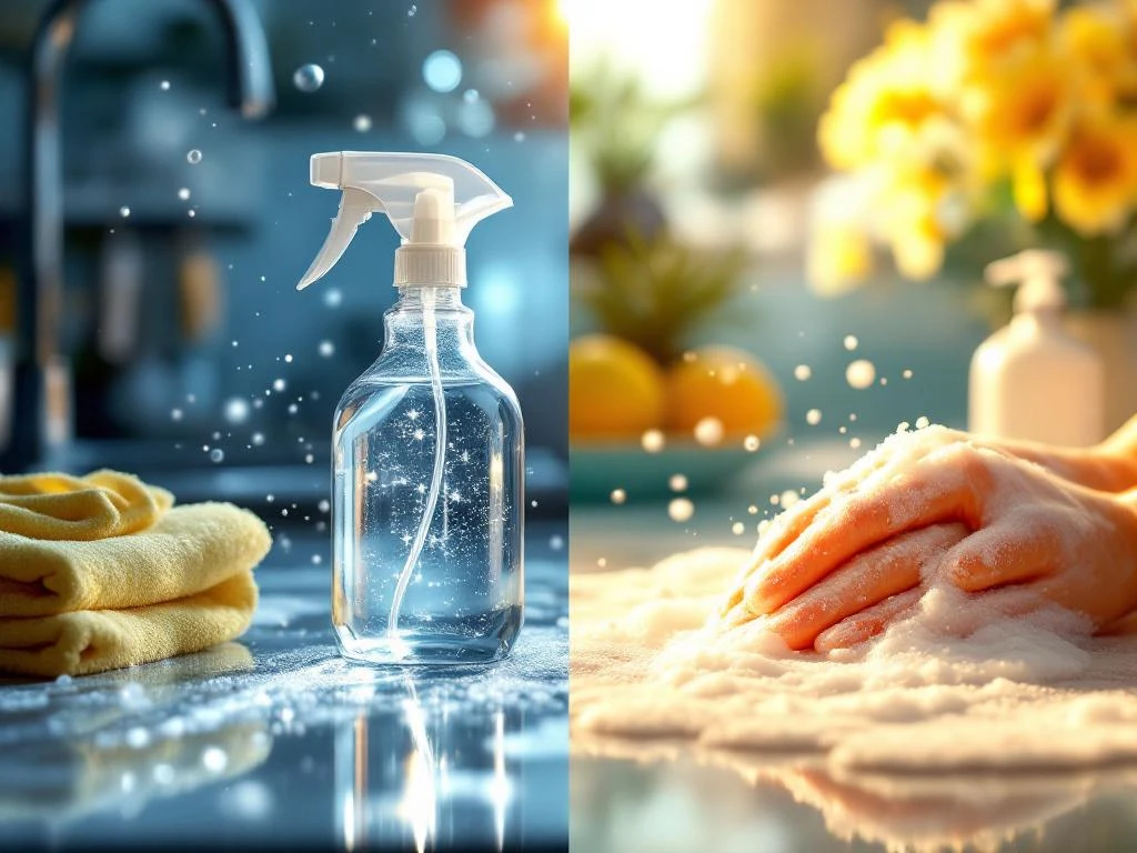 disinfectie-vs-schoonmaken-vergelijking-reinigen.jpg Schoonmaakmiddelen vergelijking: glanzende desinfecterende sprays links, zeepschuim reiniging van vuile oppervlakken rechts