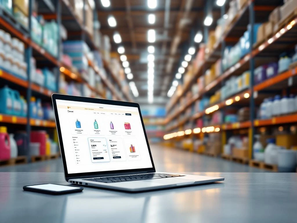 Laptop met e-commerce interface en smartphone naast georganiseerde schappen met schoonmaakmiddelen in moderne magazijn