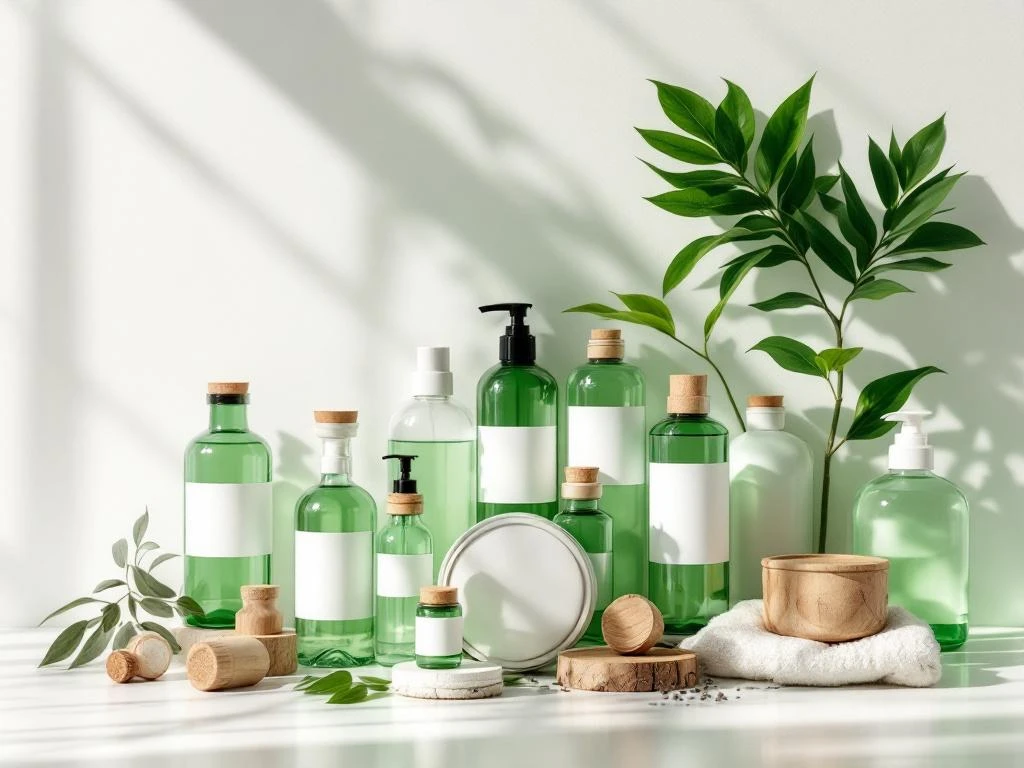 Duurzame professionele schoonmaakproducten in groene glazen flessen met natuurlijke kurken op witte ondergrond