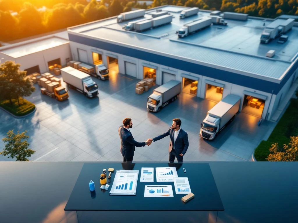 groothandel-franchise-magazijn-partnerschap.jpg Luchtfoto van moderne magazijnfaciliteit met vrachtwagens en zakelijke handdruk bij franchisetafel in voorgrond