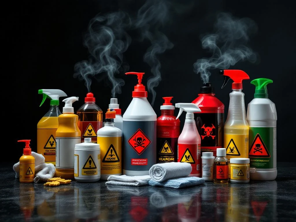 gevaarlijke-schoonmaakmiddelen-waarschuwing-labels.jpg Gevaarlijke schoonmaakmiddelen met waarschuwingssymbolen naast milieuvriendelijke alternatieven in groene verpakking