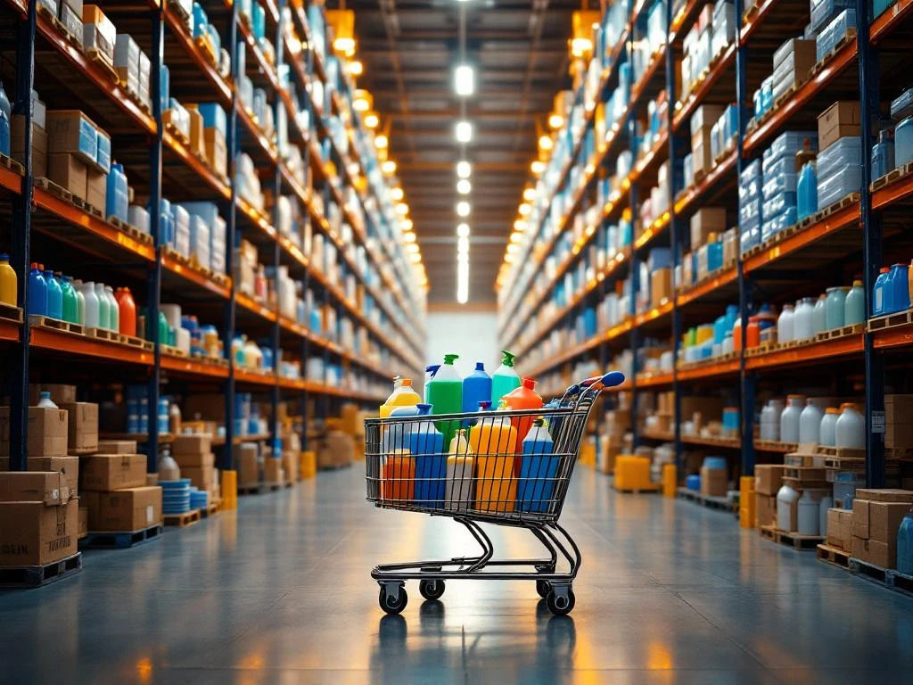 Winkelwagen met professionele schoonmaakproducten in modern magazijn met hoge stellingen vol kleurrijke flessen