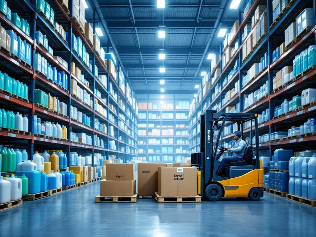 industriele-schoonmaakmiddelen-magazijn-distributie.jpg Magazijn met industriële schappen vol schoonmaakproducten en vorkheftruck die dozen op pallets laadt