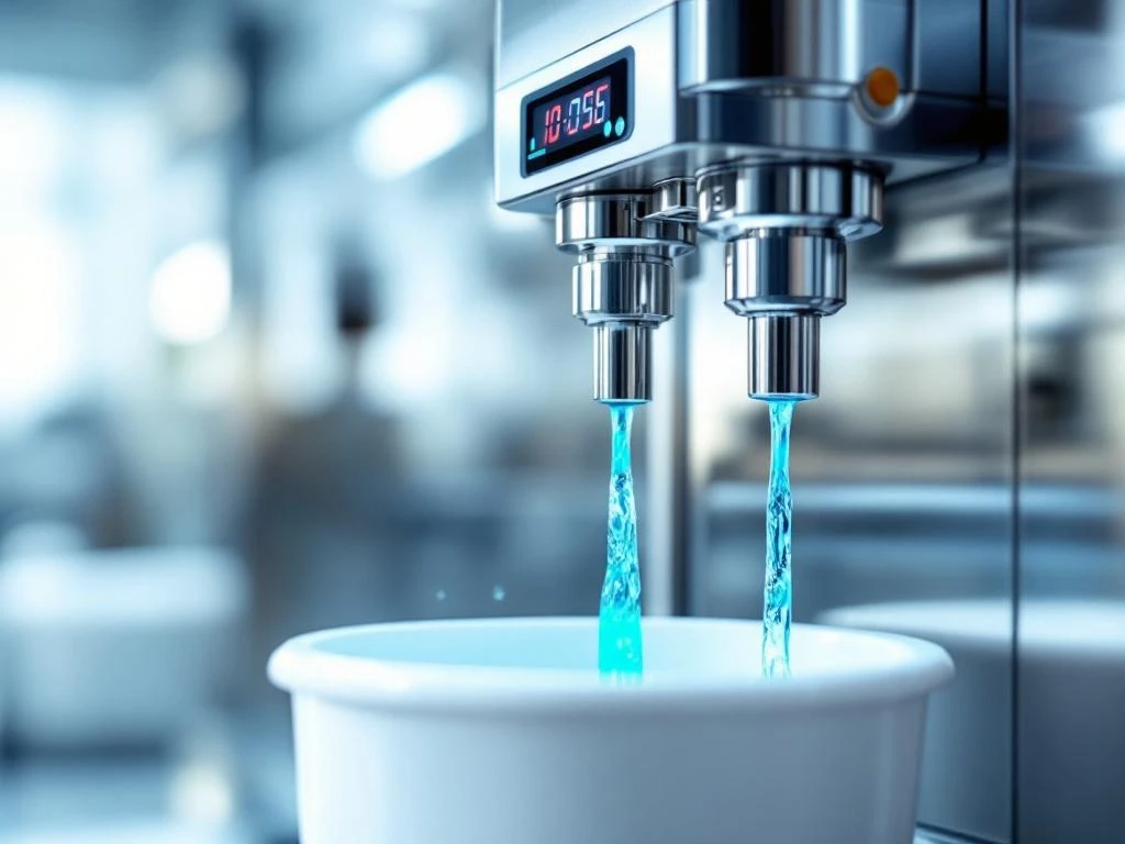 Moderne industriële doseerapparatuur die blauwe reinigingsoplossing in witte container dispenseert met digitale displays