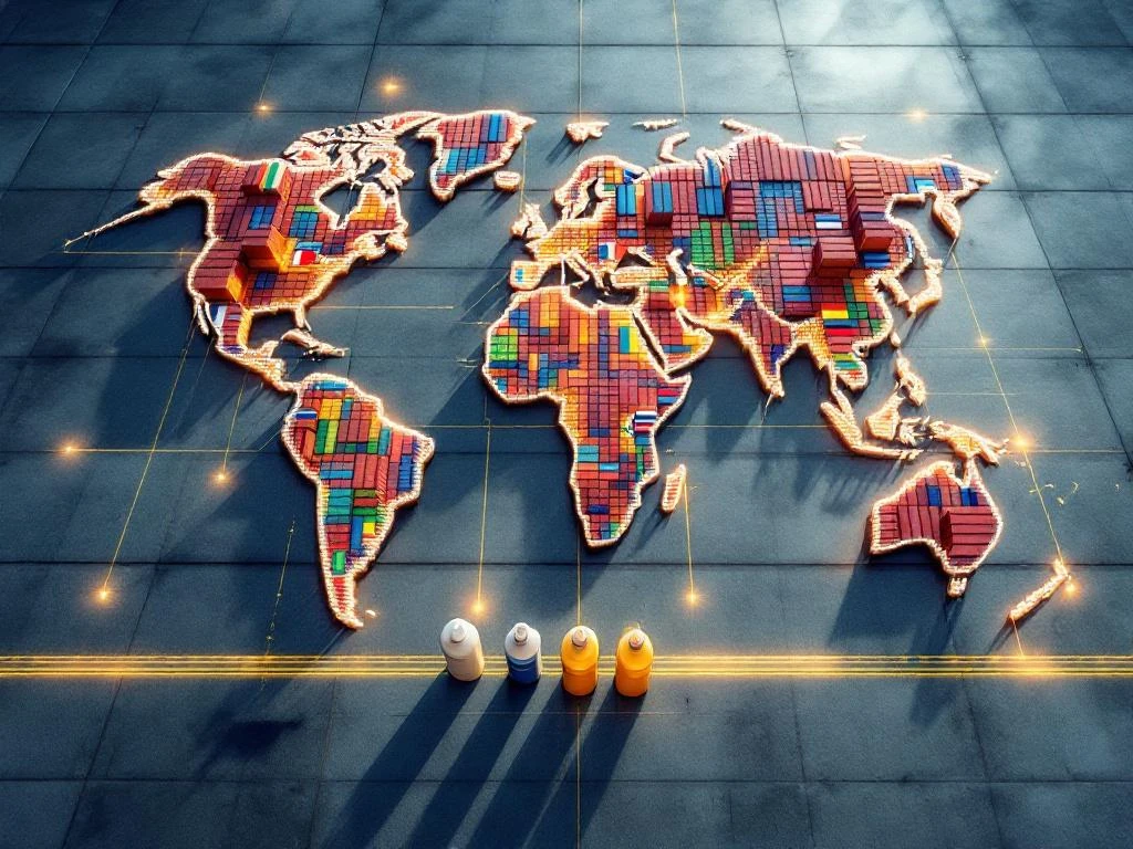 global-logistics-hub-cargo-containers-trade.jpg Luchtfoto van moderne logistieke hub met kleurrijke containers, vrachtwagens en wereldkaart overlay met handelsroutes