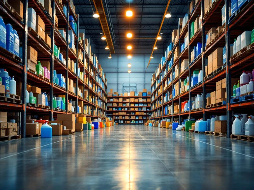 Magazijn met industriële stellingen vol gekleurde schoonmaakproducten en professionele reinigingsapparatuur