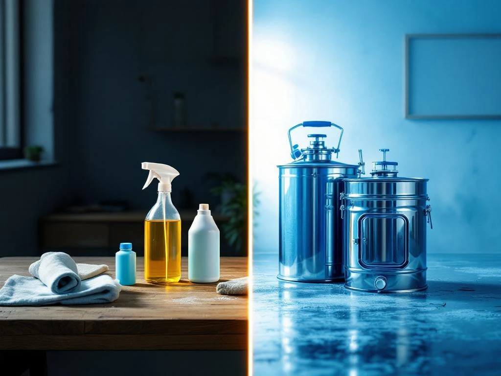 professionele-schoonmaakmiddelen-vergelijking-voor-na.jpg Voor-en-na vergelijking van basis huishoudelijke schoonmaakmiddelen versus professionele industriële reinigingsapparatuur