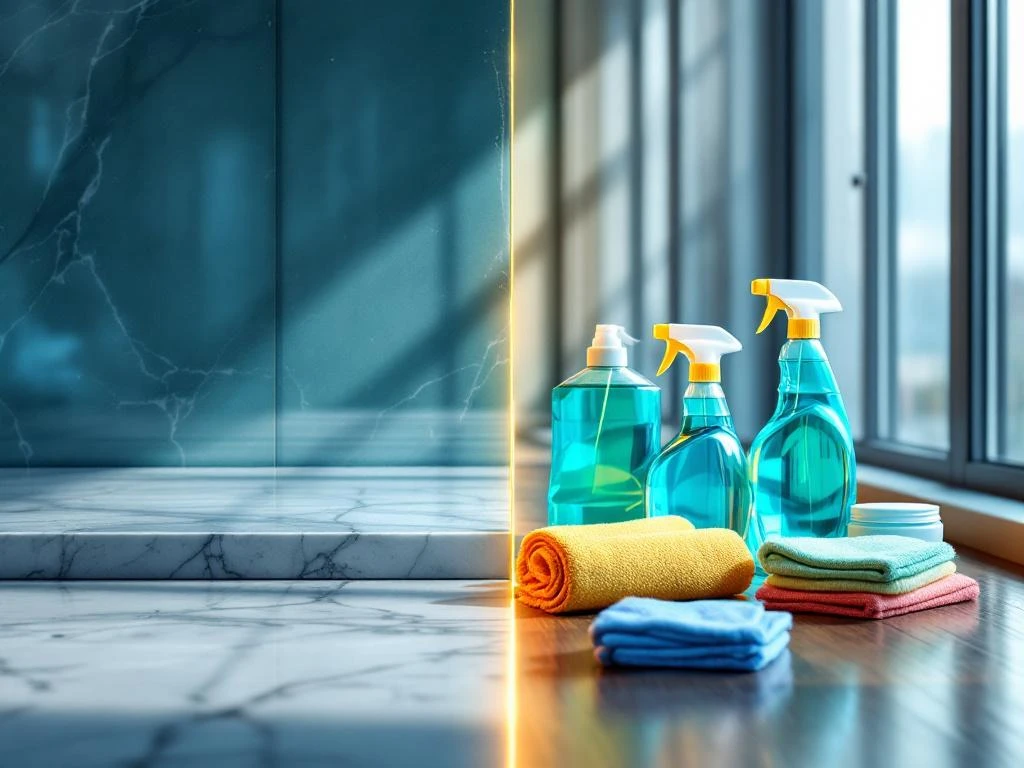 Professionele schoonmaakmiddelen en glanzende schone oppervlakken in split-screen weergave voor commerciële reiniging