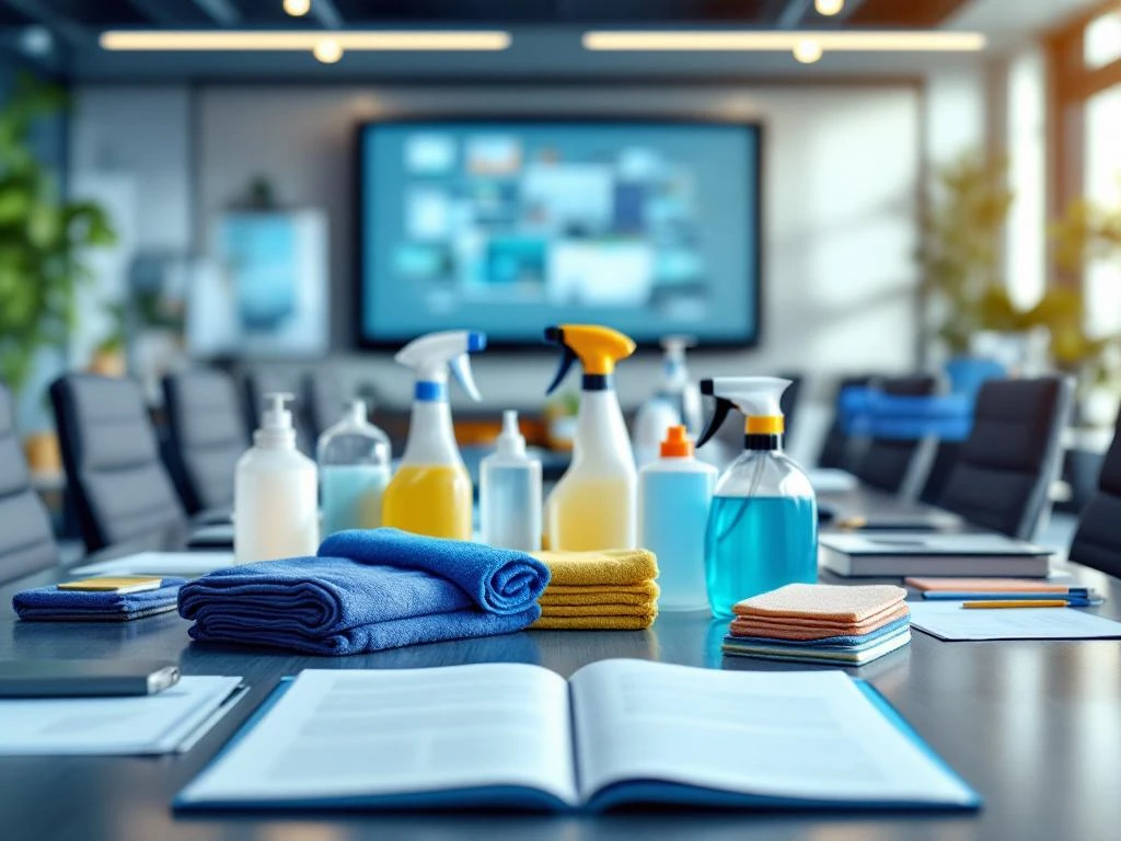 schoonmaak-training-professionele-benodigdheden.jpg Professionele schoonmaakmiddelen en apparatuur op conferentietafel in moderne trainingsruimte met handleiding