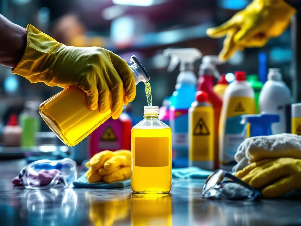professionele-schoonmaakmiddelen-concentraat-gieten.jpg Gehandschoende handen gieten gele schoonmaakmiddel in sprayflacon tussen professionele reinigingsproducten op werkblad