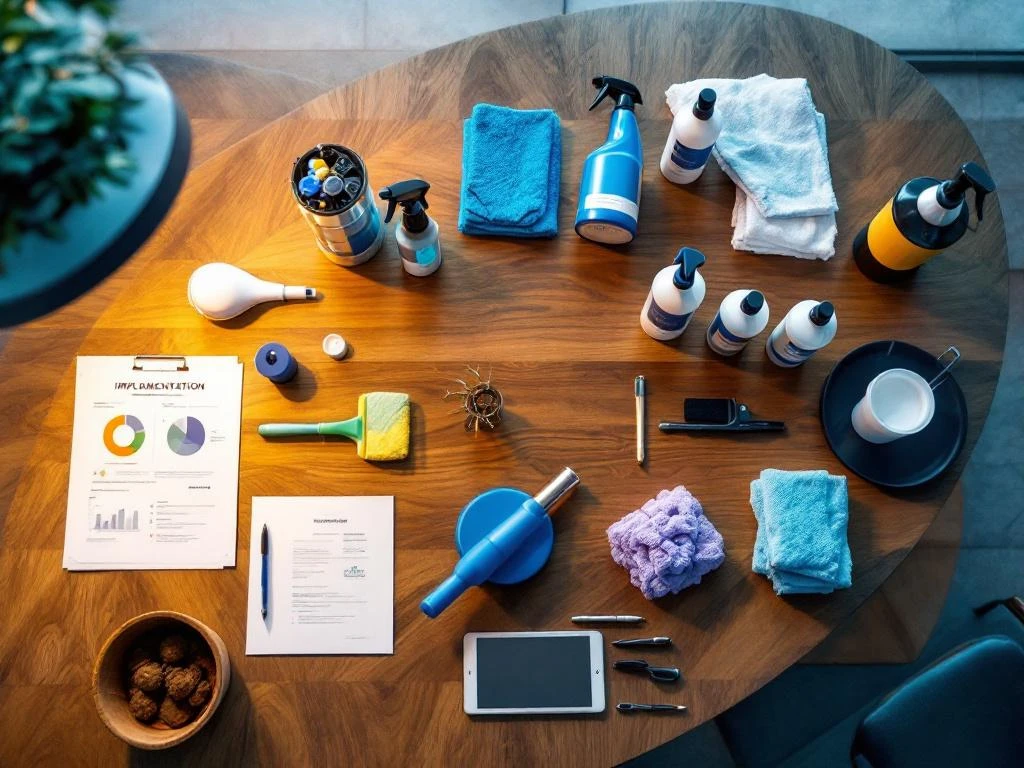 Professionele schoonmaakproducten georganiseerd op moderne vergadertafel met strategische documenten en LED-verlichting