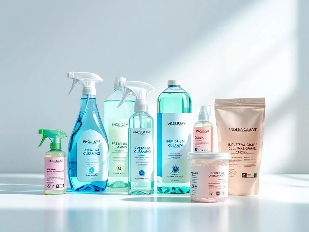 professionele-schoonmaakmiddelen-display-kwaliteit.jpg Professionele schoonmaakmiddelen in blauwe en groene flessen op witte ondergrond met vergrootglas voor kwaliteitscontrole