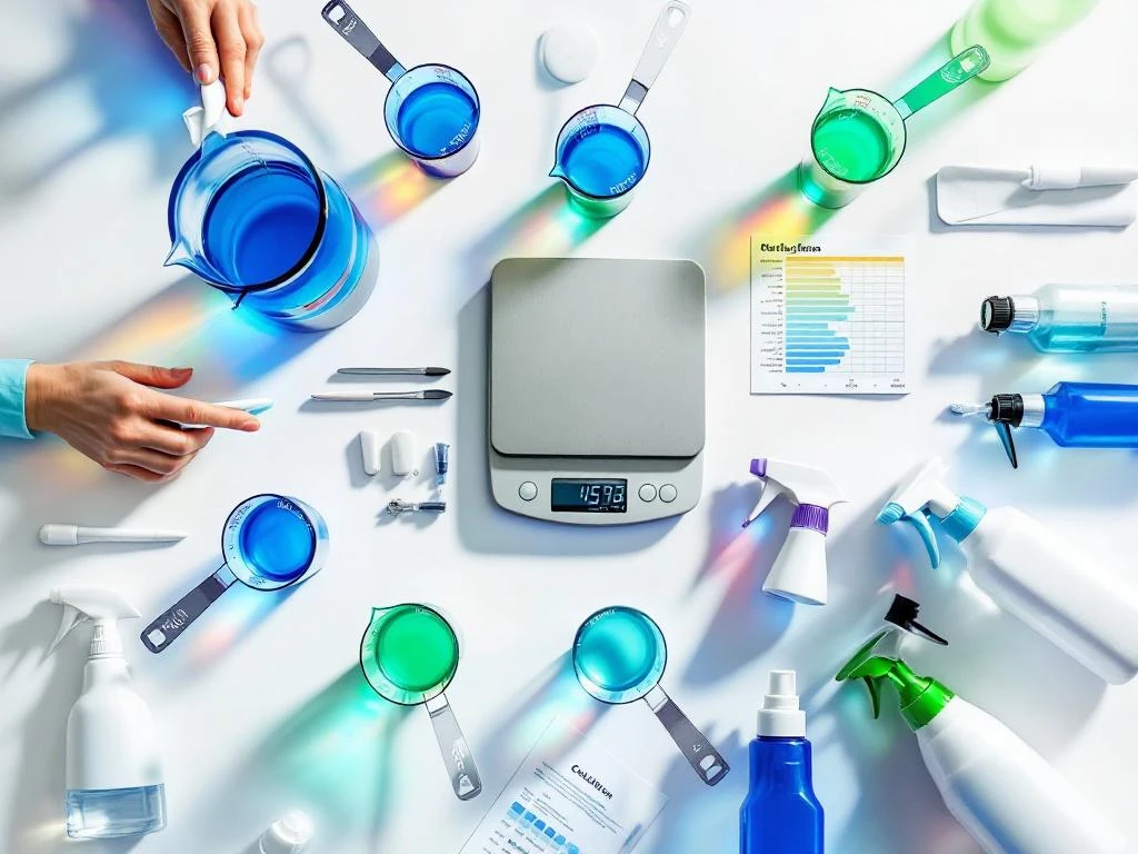 professionele-schoonmaakmiddelen-dosering-flatlay.jpg Professionele schoonmaakmiddelen gerangschikt op witte ondergrond met maatbekers, sprayflessen en digitale weegschaal