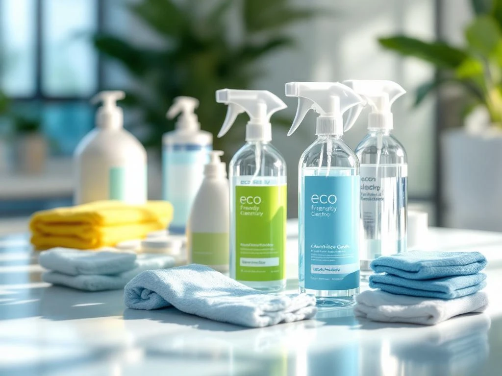 Professionele eco-vriendelijke schoonmaakmiddelen met groene en blauwe labels op witte ondergrond met dramatische verlichting