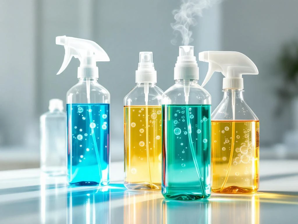 professionele-schoonmaakmiddelen-laboratorium-flessen.jpg Professionele schoonmaakmiddelen in transparante flessen met gekleurde vloeistoffen op witte laboratoriumtafel