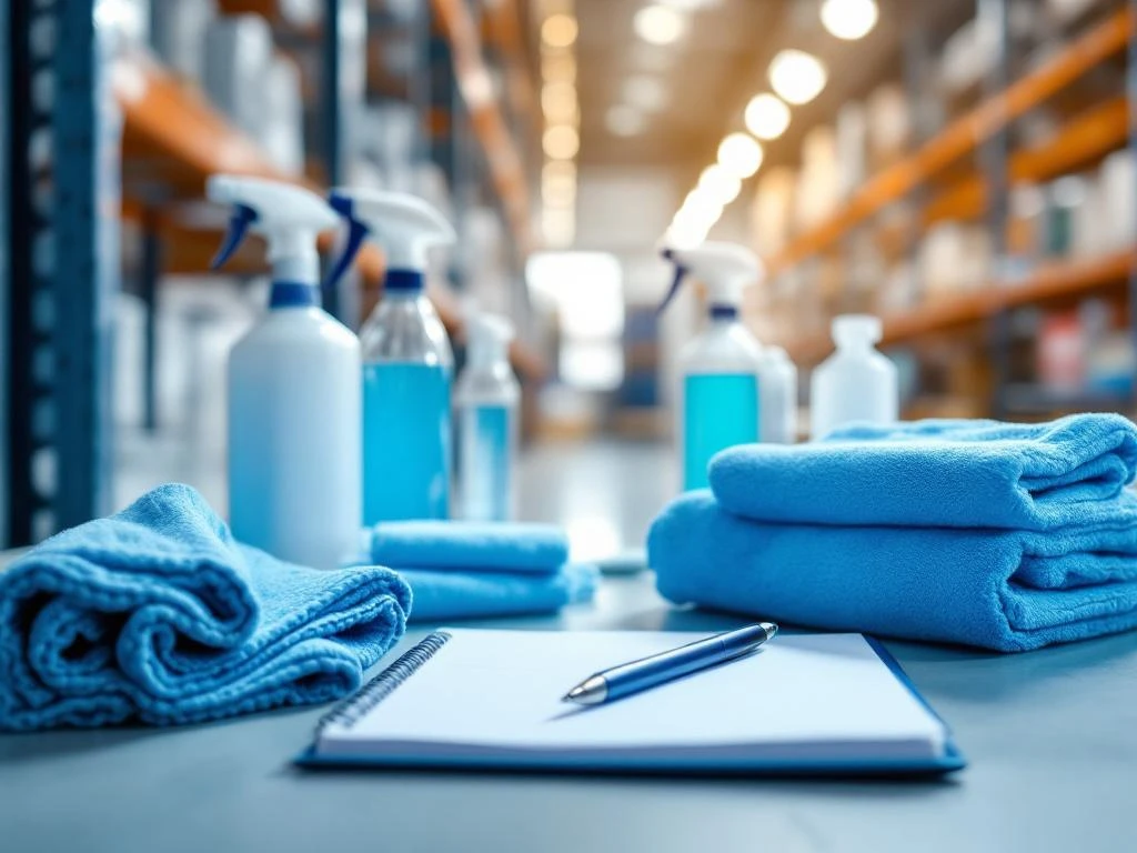 professionele-schoonmaakmiddelen-warehouse-consultatie.jpg Professionele schoonmaakbenodigdheden op magazijnplank met consultatieboek en pen voor deskundig advies