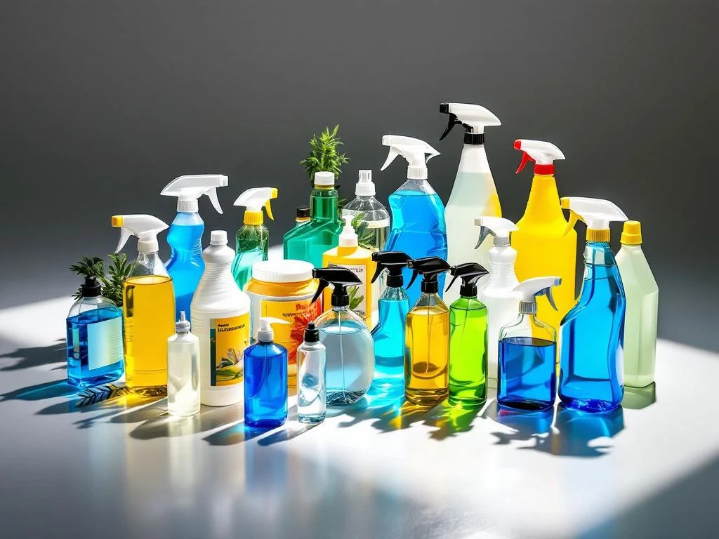 professionele-schoonmaakmiddelen-display-productfoto.jpg Professionele schoonmaakmiddelen in spray flessen en concentraten gerangschikt op witte ondergrond met studiobelichting