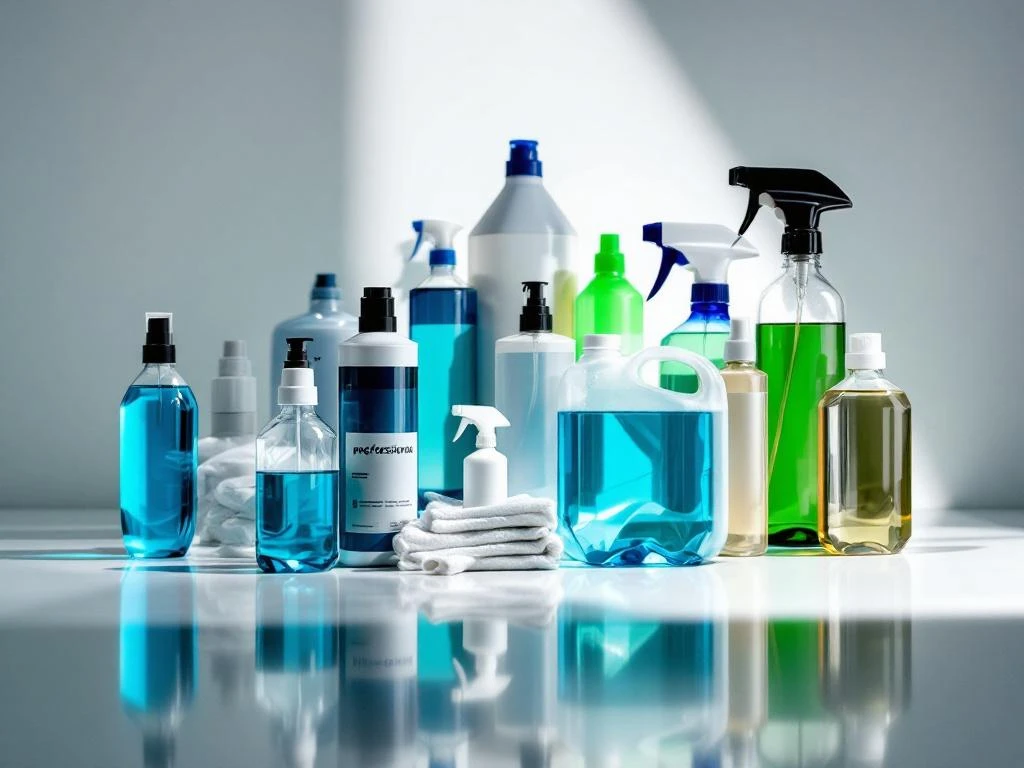 professionele-schoonmaakmiddelen-premium-producten.jpg Professionele schoonmaakmiddelen in spray flessen en containers gerangschikt op witte ondergrond met dramatische belichting