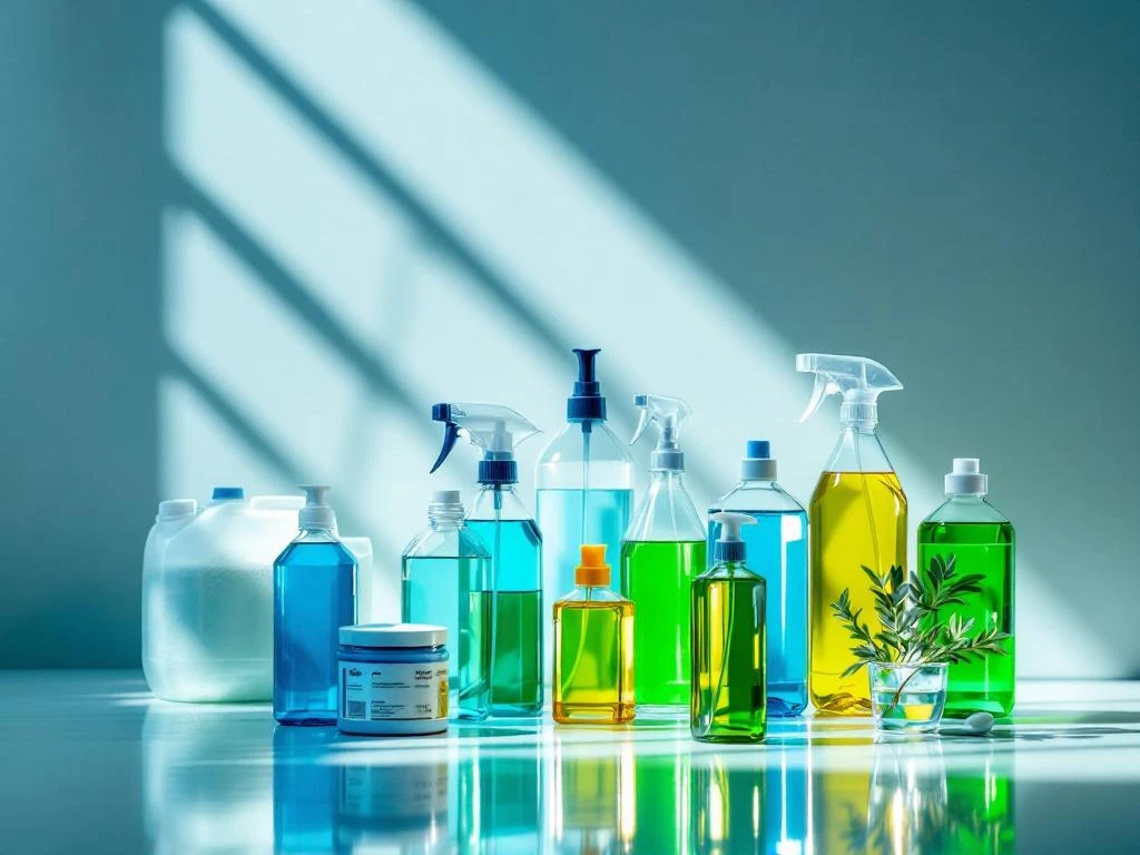professionele-schoonmaakmiddelen-collectie-studio.jpg Professionele schoonmaakmiddelen in blauwe en groene flessen gerangschikt op witte ondergrond met studiobelichting