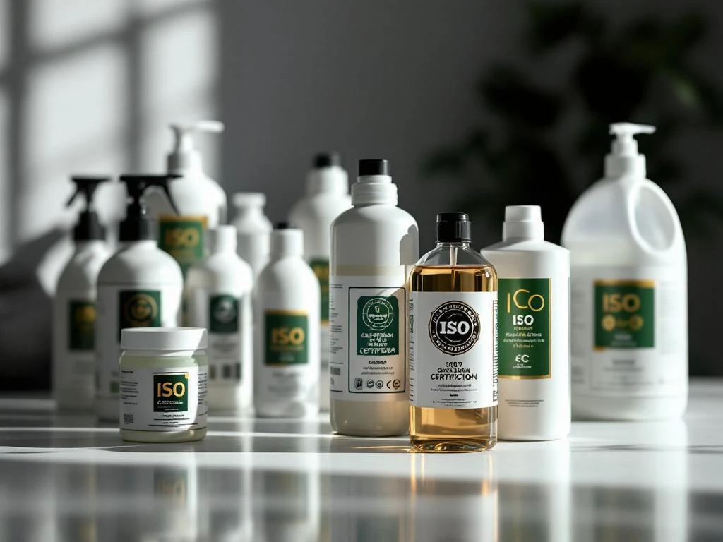 Professionele schoonmaakmiddelen met kwaliteitscertificaten en eco-keurmerken op witte ondergrond met studiobelichting