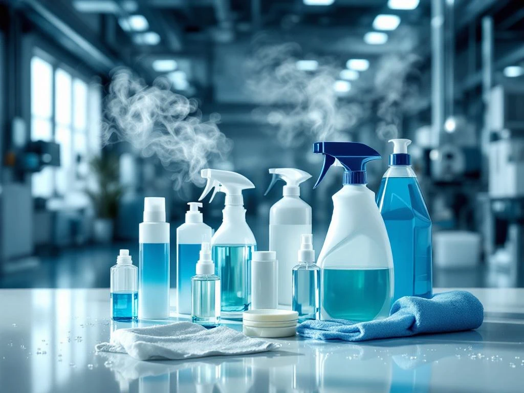 Professionele schoonmaakproducten met sprayflessen en reinigingsoplossingen op witte ondergrond in industriële omgeving